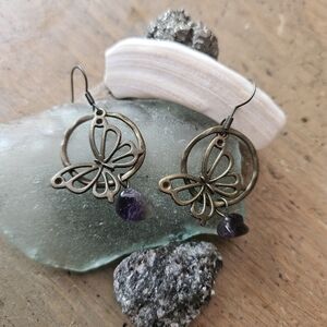 Butterfly Purple Amethyst Stone Bronze Boho Rustic Handmade Earrings